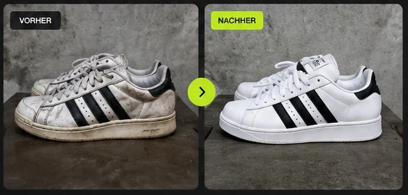 Adidas Sneaker im beispielhaften Vorher-Nachher-Vergleich nach Reinigung und Aufarbeitung